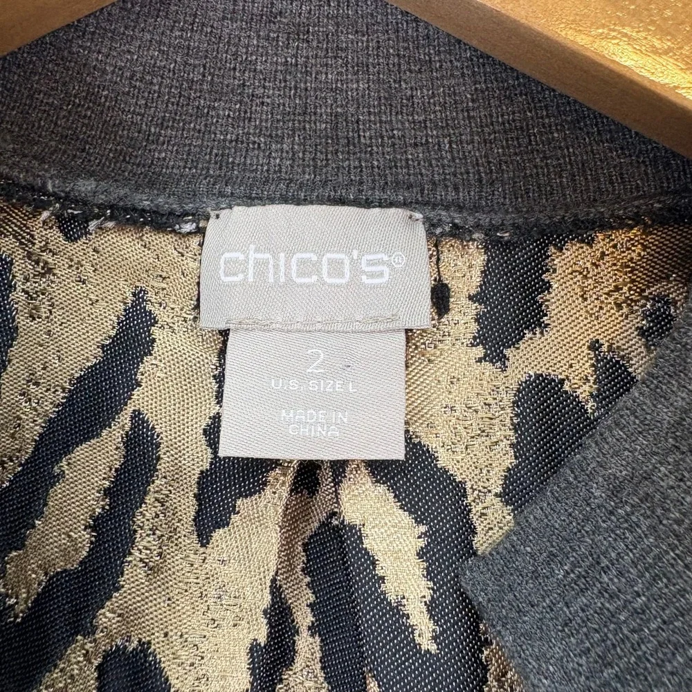 Chico's Womens Sz 2 (L) Gray Longline Jacket Cardigan‎ Animal Print Back Pockets